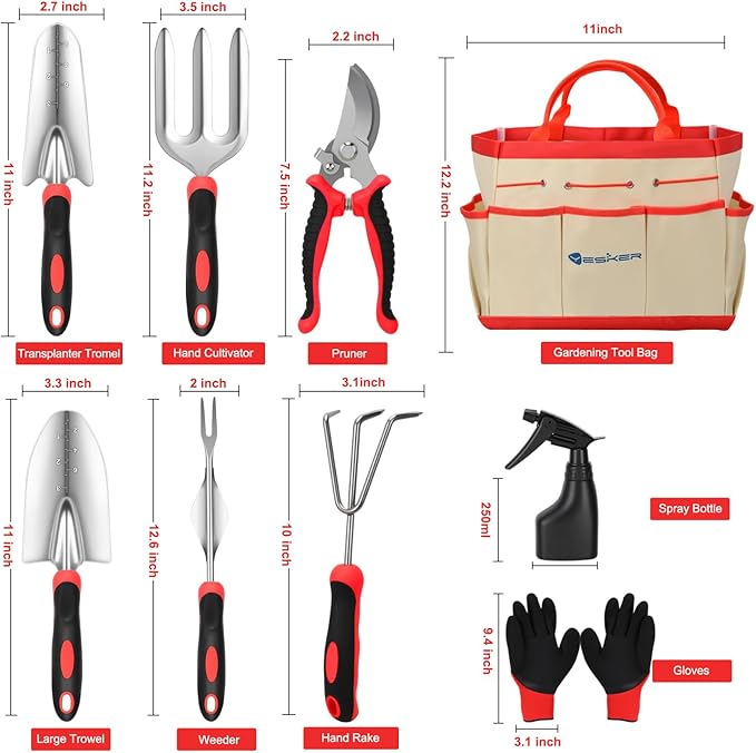 Yesker Gardening Tools 9-Piece Heavy Duty Garden Tool Set Gardening Supplies Gifts for Women Men Gardening Hand Tool Kit with Non-Slip Ergonomic Handle Garden Bag Durable Gloves Pruning Shears Red