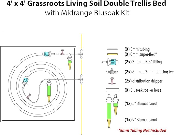 Grassroots Fabric Pots 4' x 4' Living Soil Raised Bed with Double Trellis Fittings and Blumat Irrigation Kit