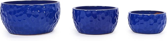 Handmade Ceramic Planter Set of 3 151210 Diameter Cobalt Blue Hammered Texture for Succulents Violets IndoorOutdoor Use on Windowsill Bookshelf Breathable Clay