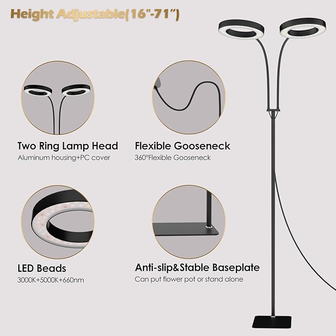 GLOWRIUM Grow Lights for Indoor Plants Full Spectrum LED Grow Light Floor Lamp with Stand Adjustable Height and Angle Black Plant Light with 3/9/12H Grow Light Timer (Black 36W)