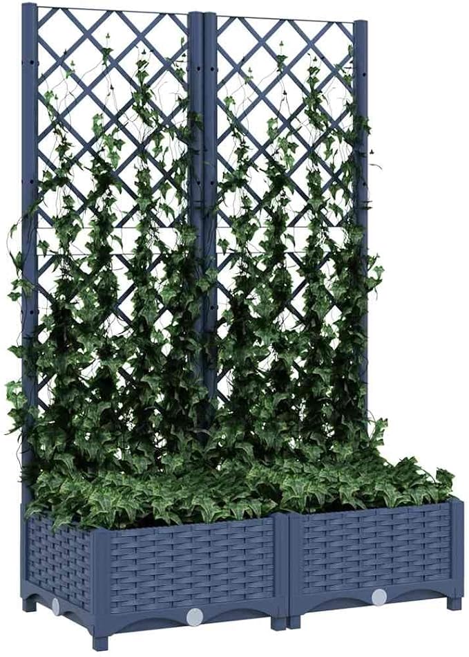 Garden Planter Blue Grey Polypropylene Large Planters 31.5x15.7x47.8 Inch Raised Garden Bed with Trellis for Outdoor Plants Balcony Patio
