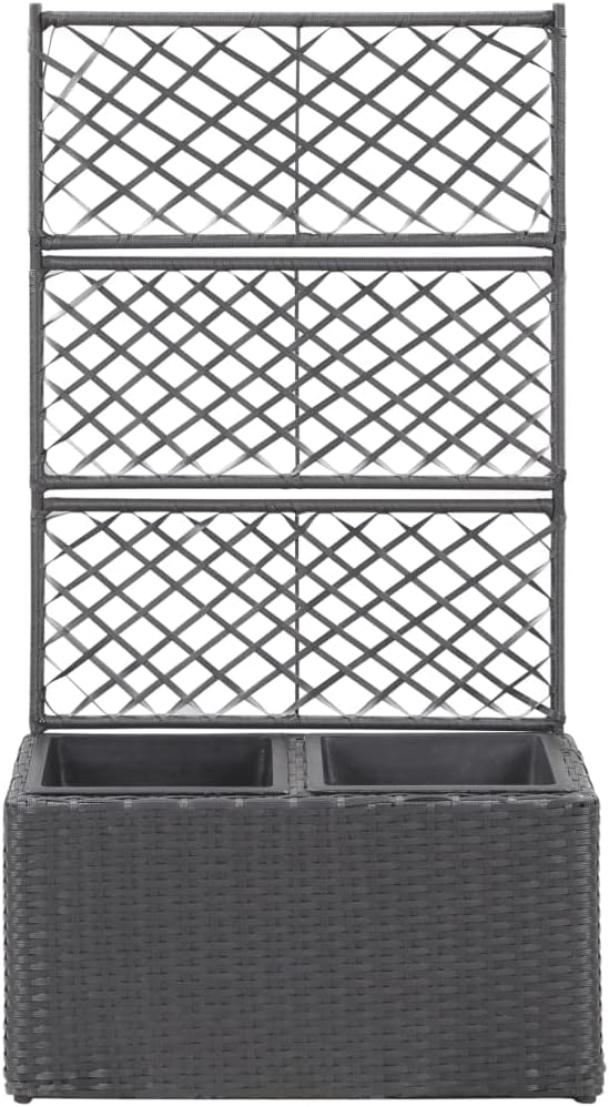 Trellis Raised Bed Poly Rattan with 2 Pots Black Planter Box with Trellis Free Standing Garden Raised Bed for Flower Climbing and Hanging Plants 22.8x11.8x42.1