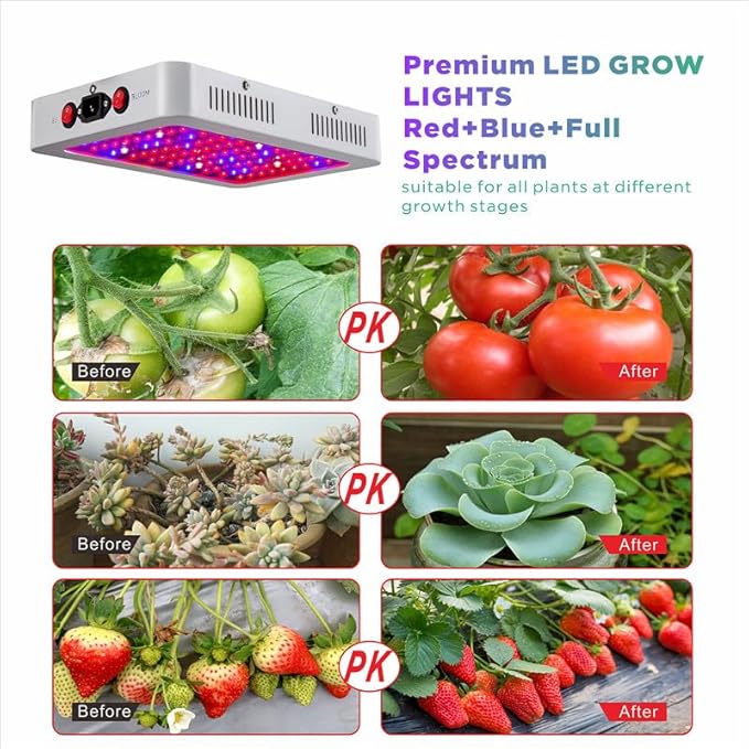 LED Grow Lights P1000 Upgraded Full Spectrum Dual Chip Grow Light with Daisy Chain Design for Hydroponic Indoor Plants Seeding Flowering Fruiting Grow Lights for Indoor Plants