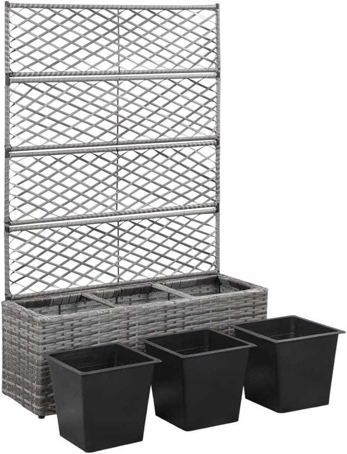 Trellis Raised BedElevated Planter BoxRaised PlanterGarden BoxGarden Bedfor Backyard Patio to Grow Vegetables Herbs and Flowers with 3 Pots 32.7x11.8x51.2 Poly Rattan Gray
