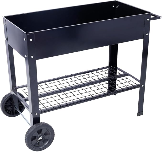 Planter Raised Beds Elevated Garden Planters &amp Raised Beds with Wheels Ergonomic Metal Frame Lower Shelf Storage Black Powder-Coated Premium Outdoor Planting Solution 1 Pack