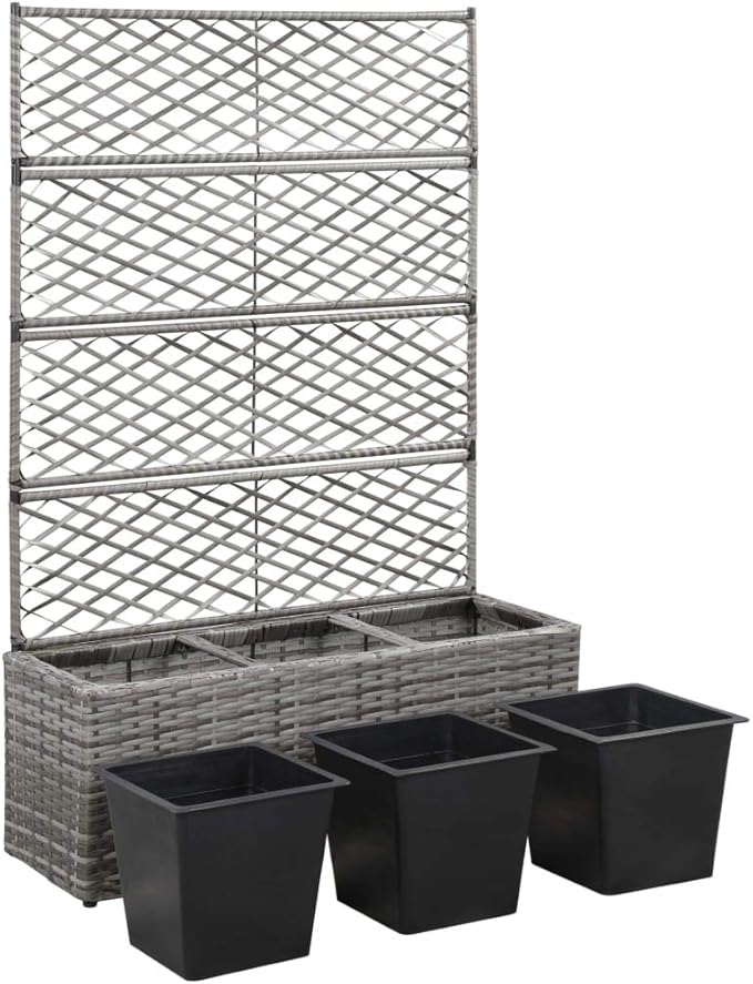 Trellis Raised Bed Planter Raised bedsGalvanized PlanterFlower BedTroughMetal PlanterRaised Garden Bedwith 3 Pots 32.7x11.8x51.2 Poly Rattan Gray