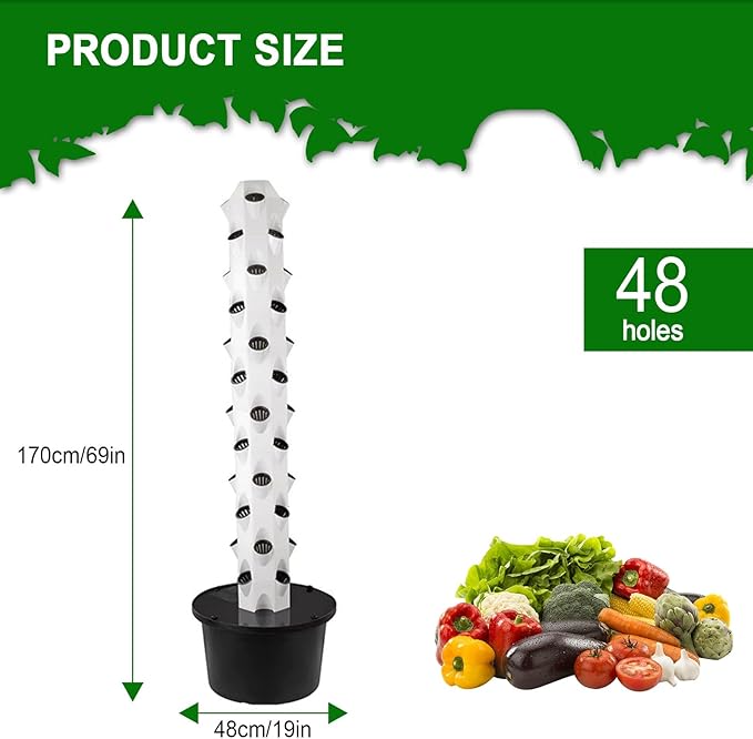 1 Hydroponic Tower 32/48 Hole Vertical Aeroponic Tower Hydroponics Growing System with Hydrating Pump Soilless Culture for Commercial Farm Home Growing(170cm/69in)