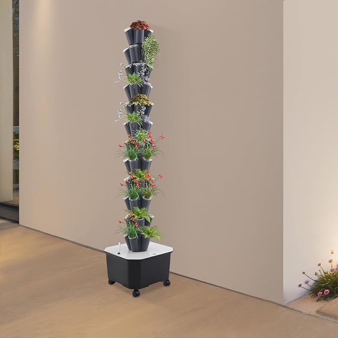 Hydroponic Towers Growing System 12 Layer 60 Pods Hydroponic Grow Towers Kit Vertical Garden System Aquaponics Growing System Garden Aeroponic Growing Kit for Vegetable Strawberries (Black Grey)
