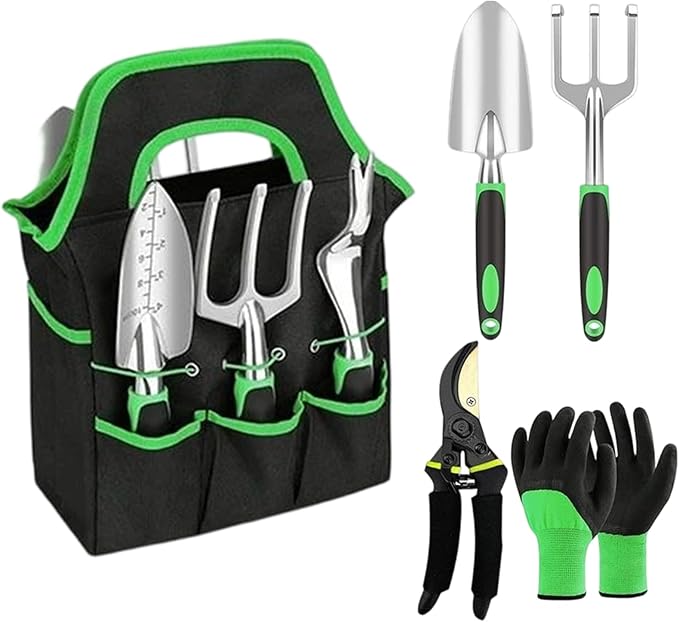 Garden Tool Set - 8 Piece Stainless Steel Plant Supplies Kit Floral Hand Tools for Weeding Loosening Soil Transplanting Cleaning Pruning