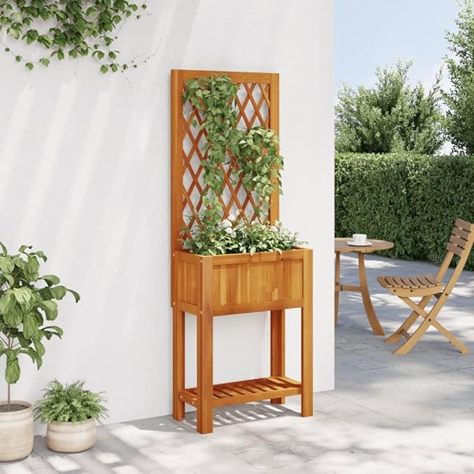 Solid Acacia Wood Planter with Trellis 11.6x21.7x59.8 Inch Oiled Finish for Climbing Outdoor Plants Garden &amp Patio Decor