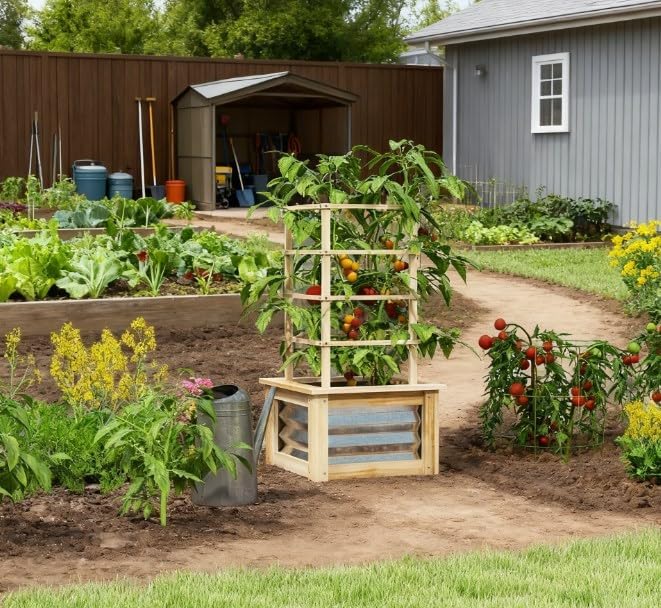 Galvanized Planter Box Elevated Garden BedWooden Raised Garden Bed with Trellisfor GardenPatio