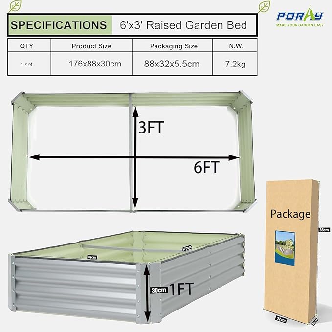 porayhut 6'x3' Raised Garden Bed Kit Easy Set-up Planter Box for Vegetable FruitMetal Galvanized Large Size Raised Bed
