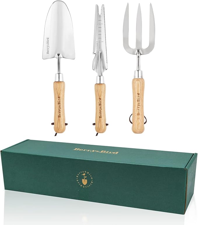 Berry&ampBird Gardening Hand Tool Set - 3PCS Stainless Steel Garden Tool Kit Multifunctional Tool with Wooden Handle Trowel Fork &amp Weeder for Weeding Planting Transplant Ideal Garden Gift for W