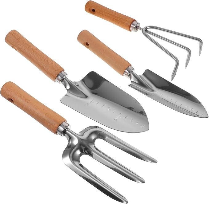 4pcs Small Gardening Hand Tool Set with Wooden Handles – Garden Shovel Narrow Trowel 3-Prong Rake and Cultivator for Planting and Yard Care