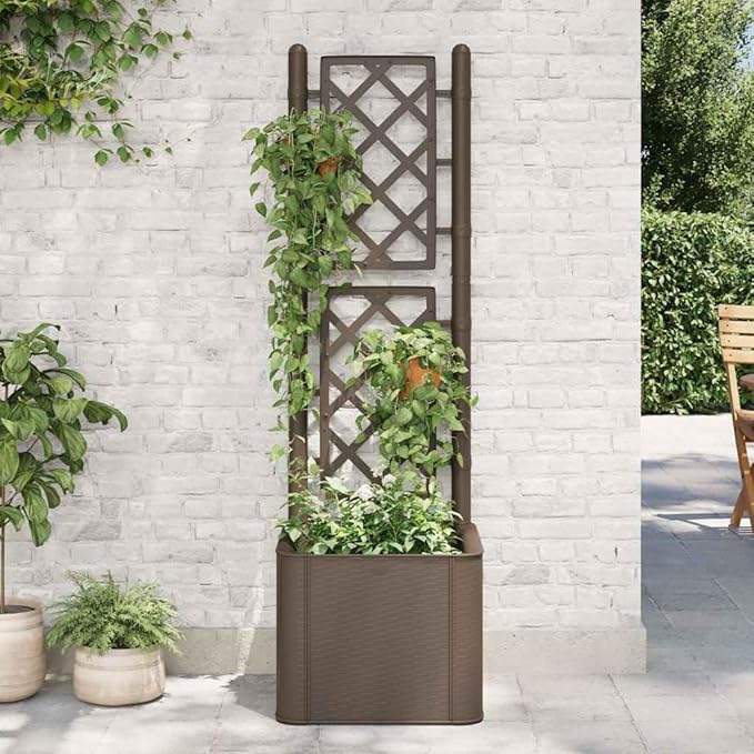 Garden Raised Bed with Trellis - 16.9 x 55.9 Large Mocha Planter Box Self Watering System for Vegetables Flowers Herbs Tall Outdoor Planting