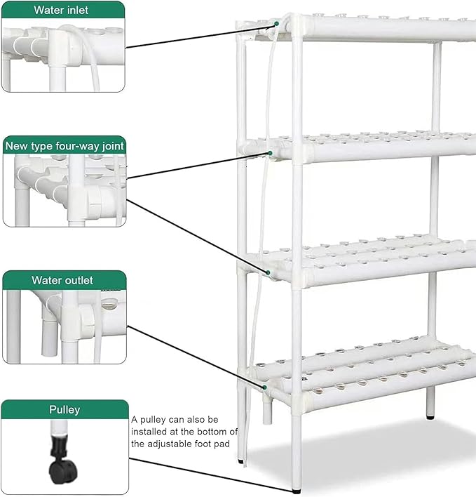 4 Layers 108 Plant Sites Hydroponic Growing System Home Indoor Planting Kit with Water Pump Pump Timer &amp Pulley Foot Hydroponic Grow Kit for Leafy Vegetables-//