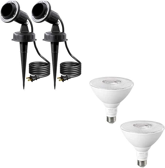 EDISHINE 120V Spotlights Outdoor Plug in Outdoor Flood Stake Lights Waterproof Landscape Lights Socket LED PAR38 Flood Light Bulb 2 Pack Dimmable Light Bulb E26 3000K