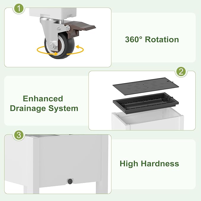 Raised Garden Bed with Legs 26.3 Tall Elevated Planter Box with Drainage Holes Water Gauge Lockable Wheels Weatherproof Resin Design for Vegetables and Flowers for Backyard Patio Balcony(White)