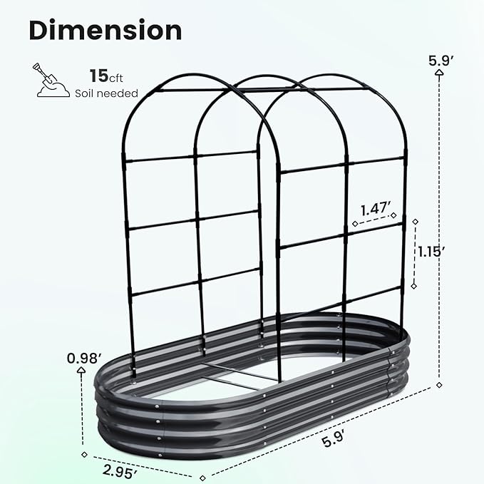 KING BIRD Raised Garden Bed with Arched Trellis Galvanized Planter Garden Box Outdoor for Gardening Climbing Vegetables Flowers 5.9x2.95x0.98 Ft Dark Grey