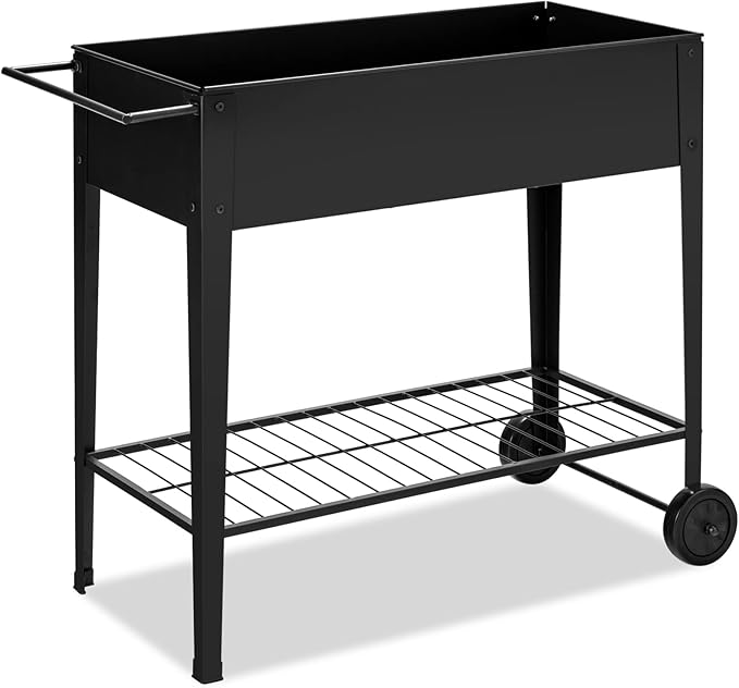 TANGZON Mobile Raised Garden Bed Metal Elevated Flower Vegetable Herb Planter Box with 2 Wheels Bottom Shelf &amp Ergonomic Handle Outdoor Grow Bed for Backyard Patio