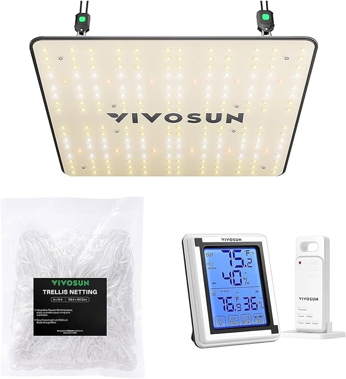 VIVOSUN VS1000 LED Grow Light Trellis Netting and Digital Hygrometer Sosen Driver Dimmable Lights Sunlike Full Spectrum