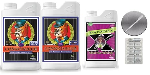 Advanced Nutrients Connoisseur Bloom A &amp B 4 Liter &amp Bud Factor X 4 Liter Bundle with Conversion Chart and 3mL Pipette