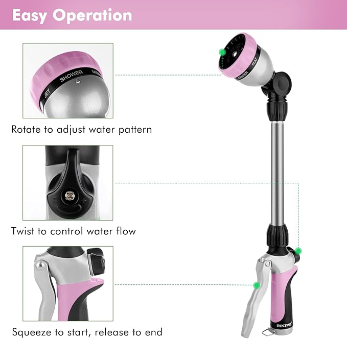 RESTMO Metal Watering Wand Heavy Duty Garden Hose Wand with 180° Swivel Ratcheting Head 16'' Hose Nozzle Sprayer with 7 Spray Patterns and Flow Control for Water Hanging Baskets and Shrubs Pink