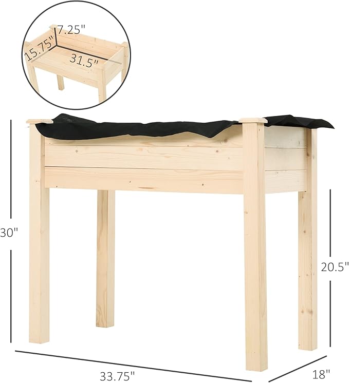 Raised Garden Bed with Legs 34 x 18 x 30 Elevated Wooden Planter Box Self Draining with Bed Liner for Vegetables Herbs and Flowers Backyard Patio Balcony Use Natural