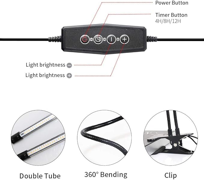 GooingTop LED Grow Light6000K Full Spectrum Clip Plant Growing Lamp with White Red LEDs for Indoor Plants5-Level DimmableAuto On Off Timing 4 8 12Hrs
