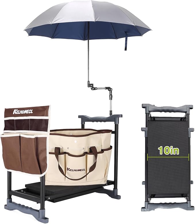 Garden Kneeler and Seat with Umbrella 2-in-1 Foldable Gardening Stool with Adjustable Bracket Detachable Tool Bags Heavy Duty Kneeling Pad for Gardening (Brown)