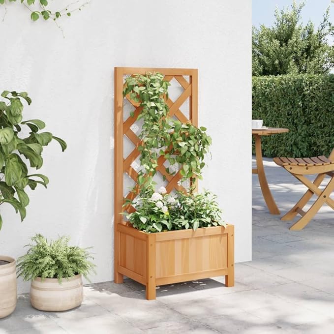 Brown Solid Fir Wood Planter with Trellis 15.7 x 11.8 x 35.4 in Raised Garden Bed for Outdoor Plants Patio Deck