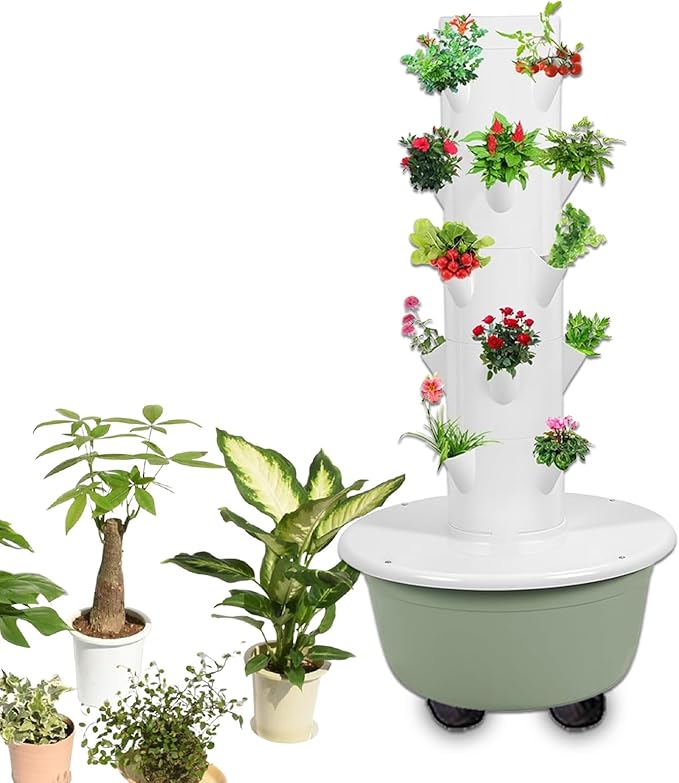 Polytunnel Tower Systems Hydroponics Growing Systems Vertical Tower Automated Indoor Tower Garden with LED Grow Lights Herb Garden A(28Pots)