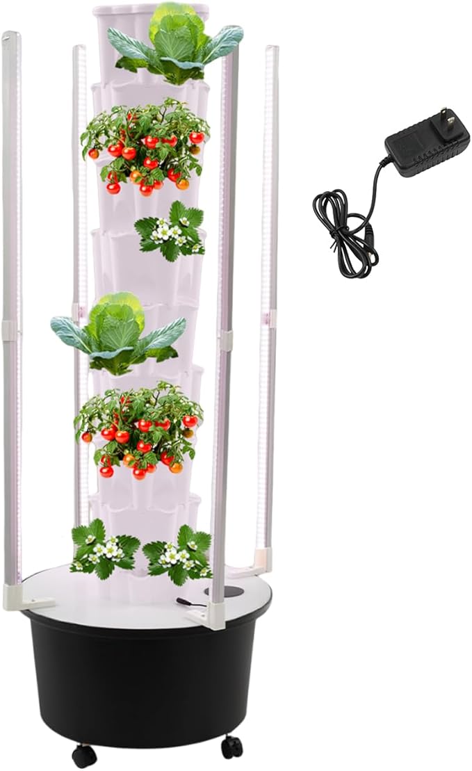 Hydroponics Growing System Kit with LED Grow Lights Hydroponic Tower Lettuce Growing Garden Indoor Herb Garden Vegetable Tower with 48 Planting Holes (8 Layer)