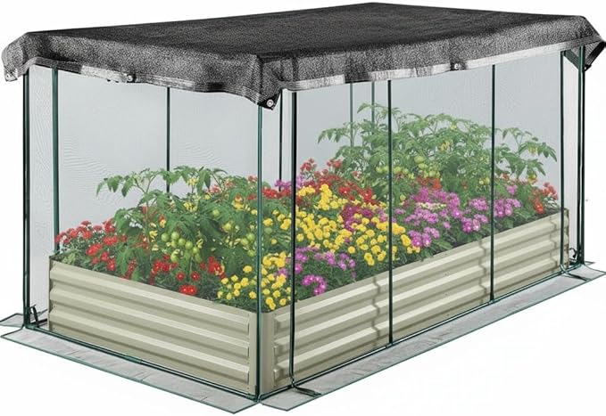 Raised Garden Bed with Cover 6X3X1 ft Outdoor Metal Planter Box with Greenhouse Zipper Shade Cloth Plant Protection Net Bottomless Open Base Design for Vegetables Fruits Flowers Herbs