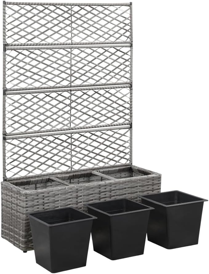 Rattan Trellis Raised Bed with 3 Pot Raised Garden Bed Planter Box with Trellis Tomato Planters for Climbing Plants Vegetable 32.7x11.8x51.2 Poly Rattan Gray-387