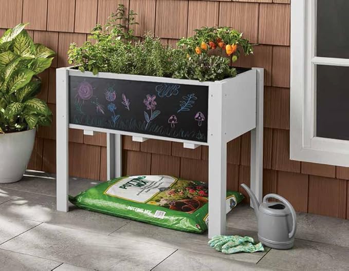 Kids Raised Garden Bed with DIY Chalkboard 30 x 24 x 18 Inch Wooden Elevated Raised Garden Bed for Kids Outdoor Planter Box with Legs for Vegetables Grass Lawn Yard Light Blue