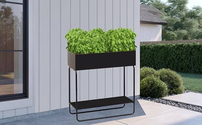 Metal Raised Garden Bed 23.6W x 9.8D x 25.6H inches with Storage Shelf Powder Coated Planter Box Floor Standing Indoor and Outdoor