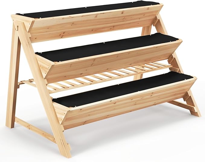3 Tiers Raised Garden Bed Wooden Garden Bed Elevated Garden Planter with Storage Shelf Bed Liner &amp 2 Hanging Hooks Fir Wood Vertical Planter Bed for Patio Yard Balcony &amp Deck