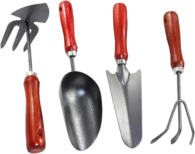 4pcs Garden Tool Set Extended Narrow Spade 3-Prong Rake Dual-use Hoe Soil Scoop for Planting Transplanting and Gardening Tasks