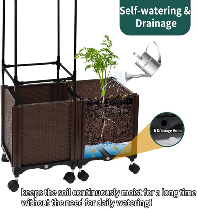 Tomato Cage with Trellis 62 H Wheeled Tomato Planter Box Outdoor for Climbing Plants Flowers Potato Vine Vegetables Portable Self Watering Raised Garden Bed for Patio Greenhouse