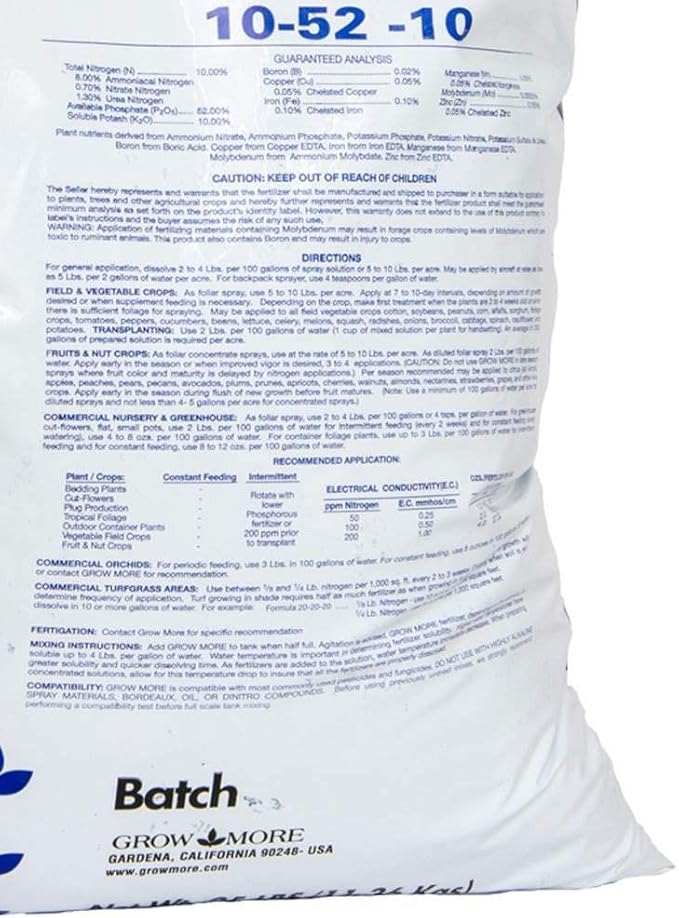 Grow More HIGH Bloom Soluble Fertilizer Concentrate 10-52-10 1EA/25 LB