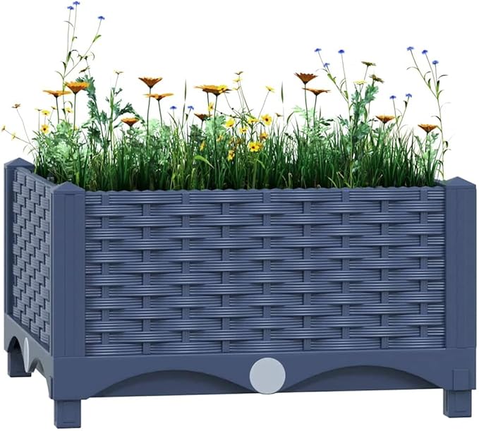 Raised Garden Bed Blue Gray Polypropylene (PP) Planter Box 15.7x15.7x9.1 inch Modern Square Outdoor Planters for Outdoor Plants Durable Weather Resistant Gardening