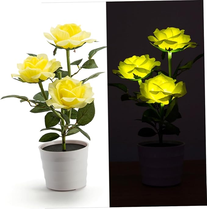 Happyyami Solar Rose Flower Led Light Light Artificial Bonsai Lamp for Room Office Hotel Nightlight Solar Powered Decoration for Garden Patio and Event Decor Yellow