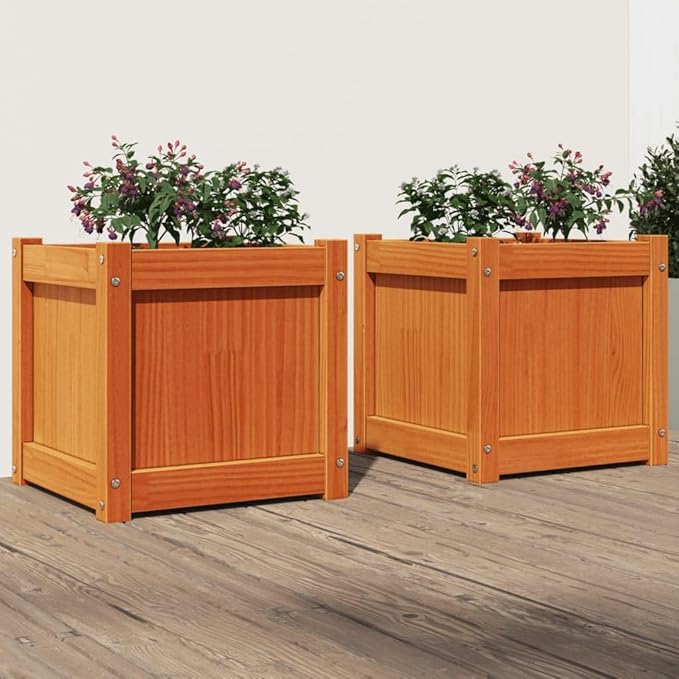 Garden Planter Set of 2 Wax Brown Solid Pine Wood 15.7x15.7x15.7 in. Square Outdoor Raised Beds for Gardening Durable Planters for Outdoor Plants