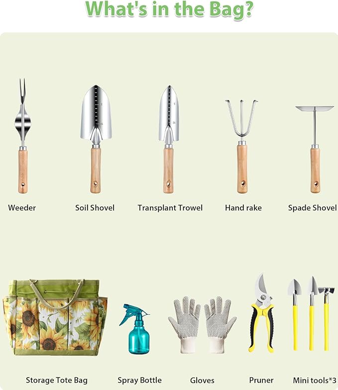 Garden Tools Set 12-Piece MOSFiATA Gardening Tools Kit with Comfortable Handle Heavy Duty Soil Shovel Transplant Trowel Weeder Hand rake Professional Pruner Sprayer Gloves with Organizer Bag