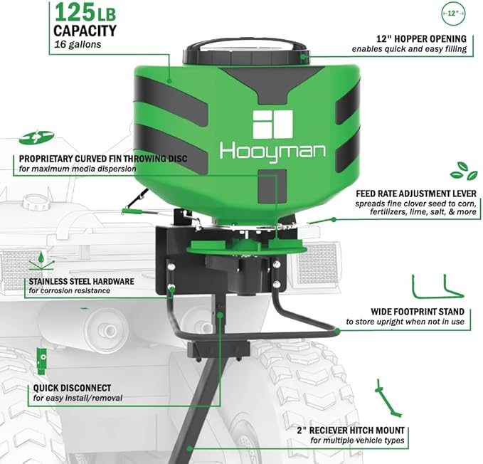 Hooyman Vehicle Spreader with Adjustable Feed Rate Universal Attachment 125LB Capacity for Seeding Land Management and Lawncare