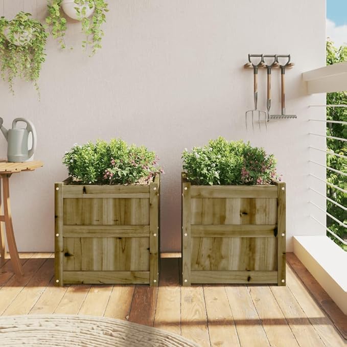 Garden Planter Set of 2 Natural Wood Impregnated Pine Wood Square Raised Garden Bed for Outdoor Plants 19.7 Inch Tall Planter Box for Patio Balcony Deck