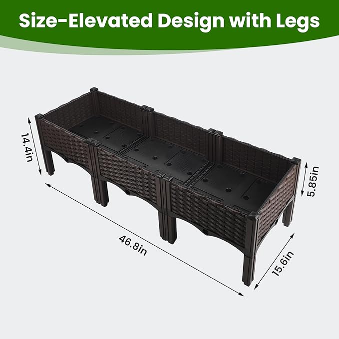 3Pcs Plastic Raised Garden Bed46.8×15.6×14.4 Elevated Wicker Planter Box with Self-Watering System Plants Garden Boxes with Legs for Growing Fresh VegetablesFruitFlowers and Herbs
