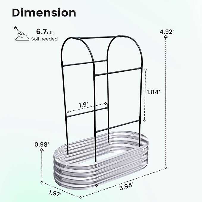KING BIRD Raised Garden Bed with Arched Trellis Galvanized Planter Garden Box Outdoor for Gardening Climbing Vegetables Flowers 3.94x1.97x0.98 Ft Silver
