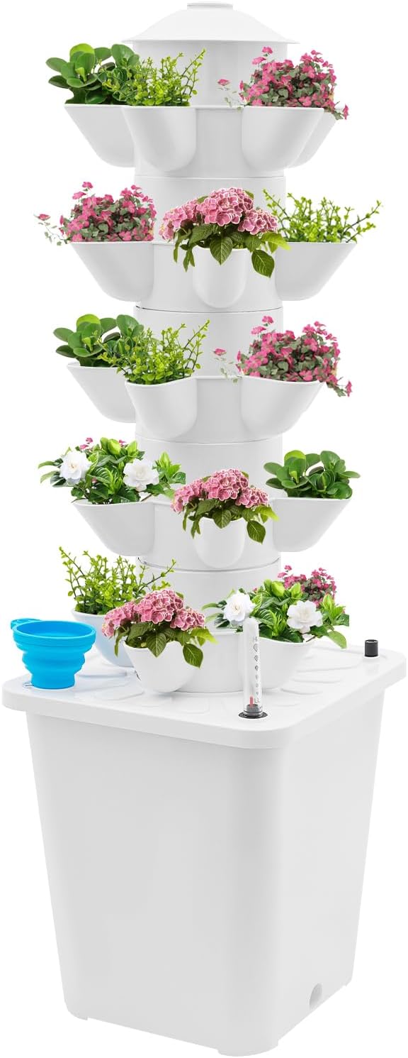 25-Plants Vertical Hydroponics Tower System Growing System Vertical Garden Planter with Pump &amp Water Tank Hydroponic Mechanism for Home Kitchen Balcony - White